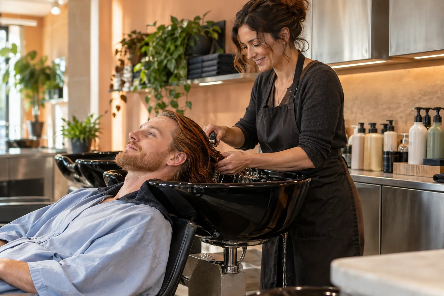Adult auburn-haired man in a pale blue robe sits at a black salon basin while a stylist separates his wet lengths in an apricot studio