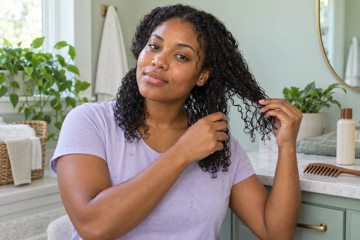 Adult woman with damp curls gently separates the ends of one loose section in a sage preparation area