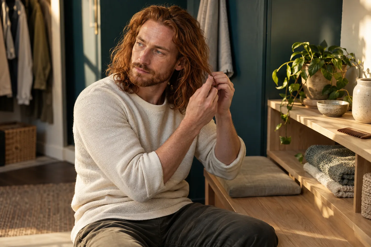 Adult copper-haired man in an ivory knit separates a loose hair section in a teal and wood dressing room