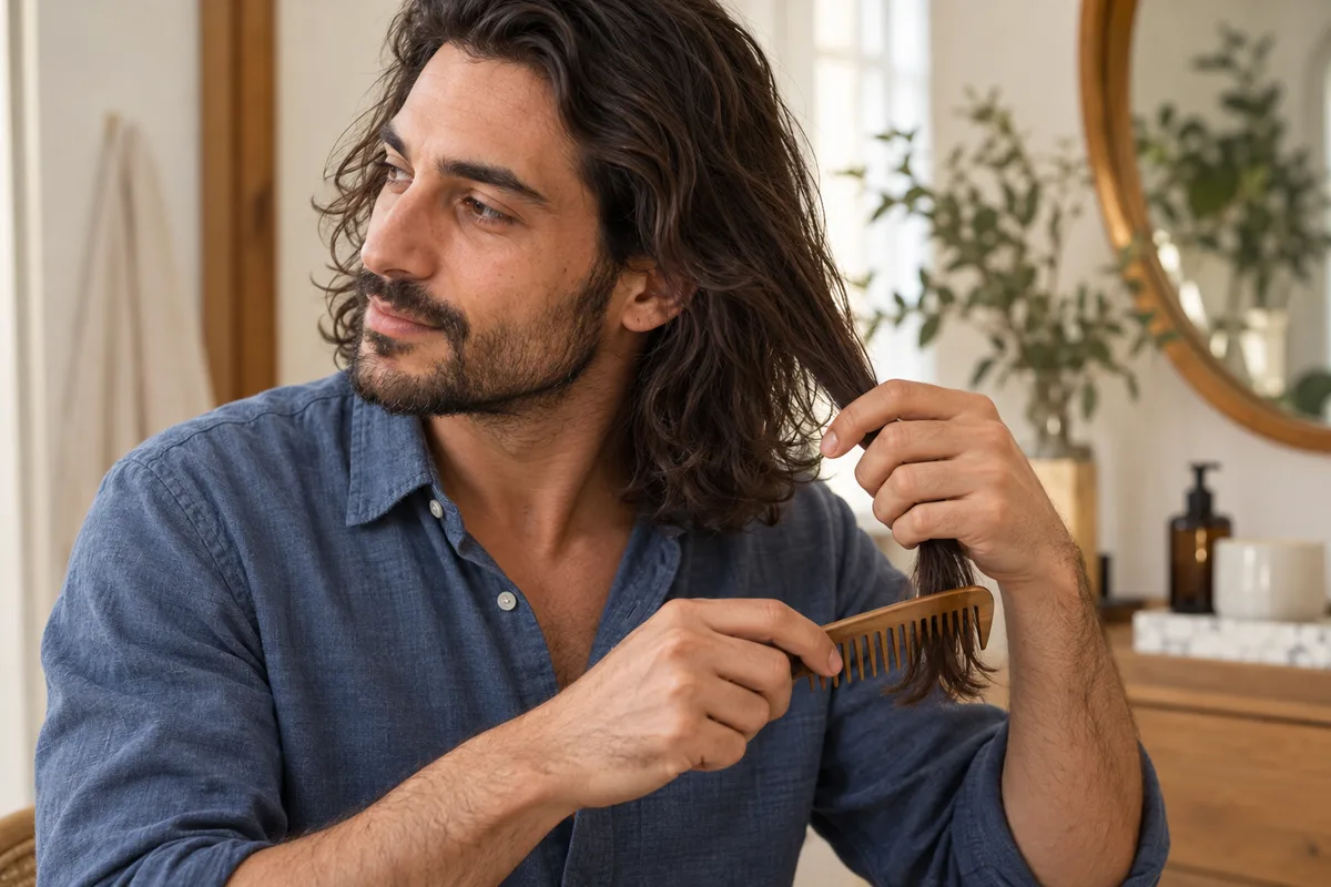 Adult man supports a small wavy hair section while a wide-tooth comb rests near its free ends