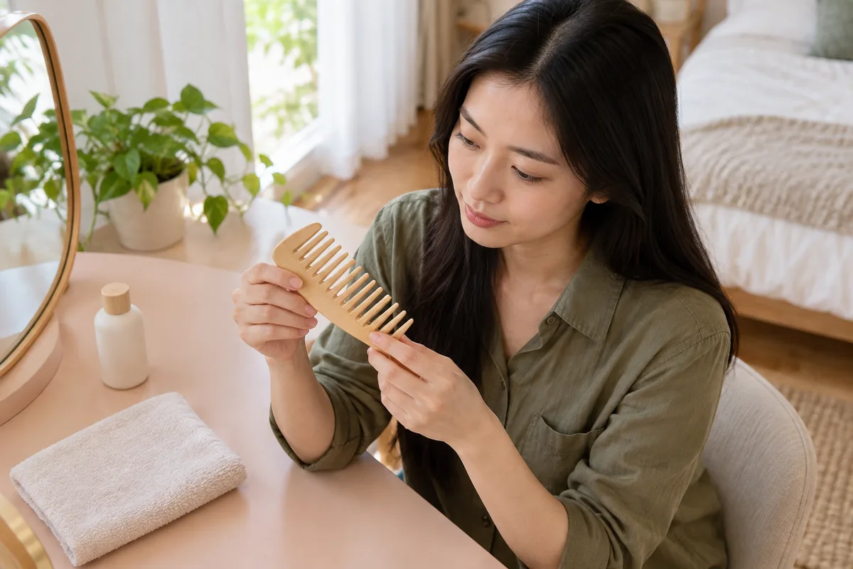 Adult woman with long dark hair inspects a wide-tooth comb at a peach dressing table