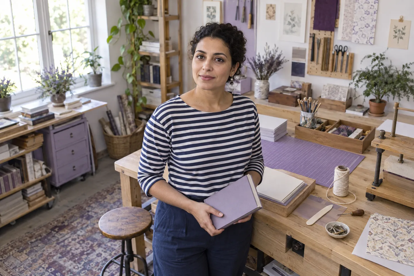 Erwachsene Frau im gestreiften Shirt hält ein geschlossenes Buch an einer Werkbank in einer fliederfarbenen Buchbinderei