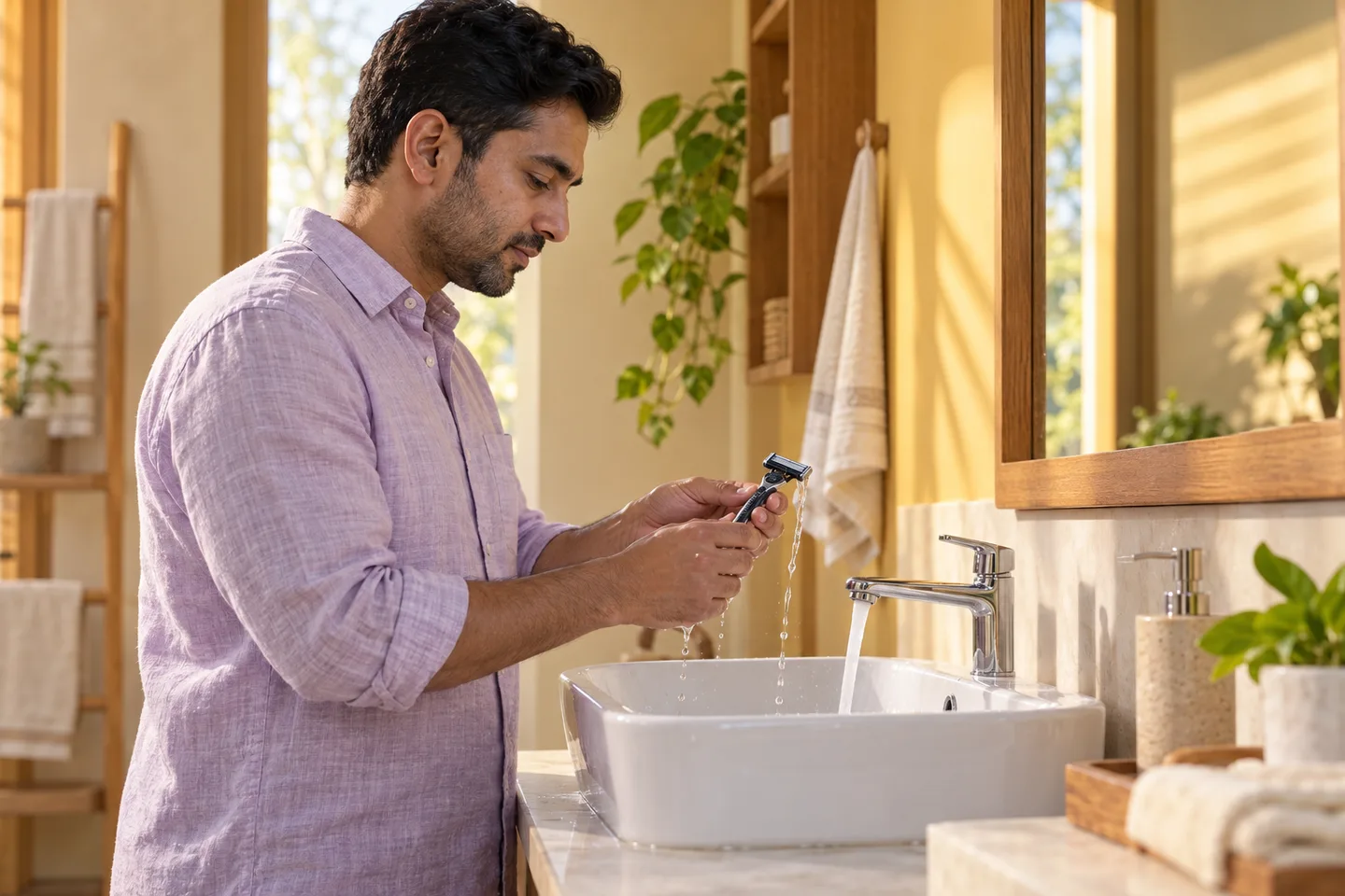 Adult man in a lavender shirt holds a manual razor by its handle beside a white basin in a warm yellow washroom