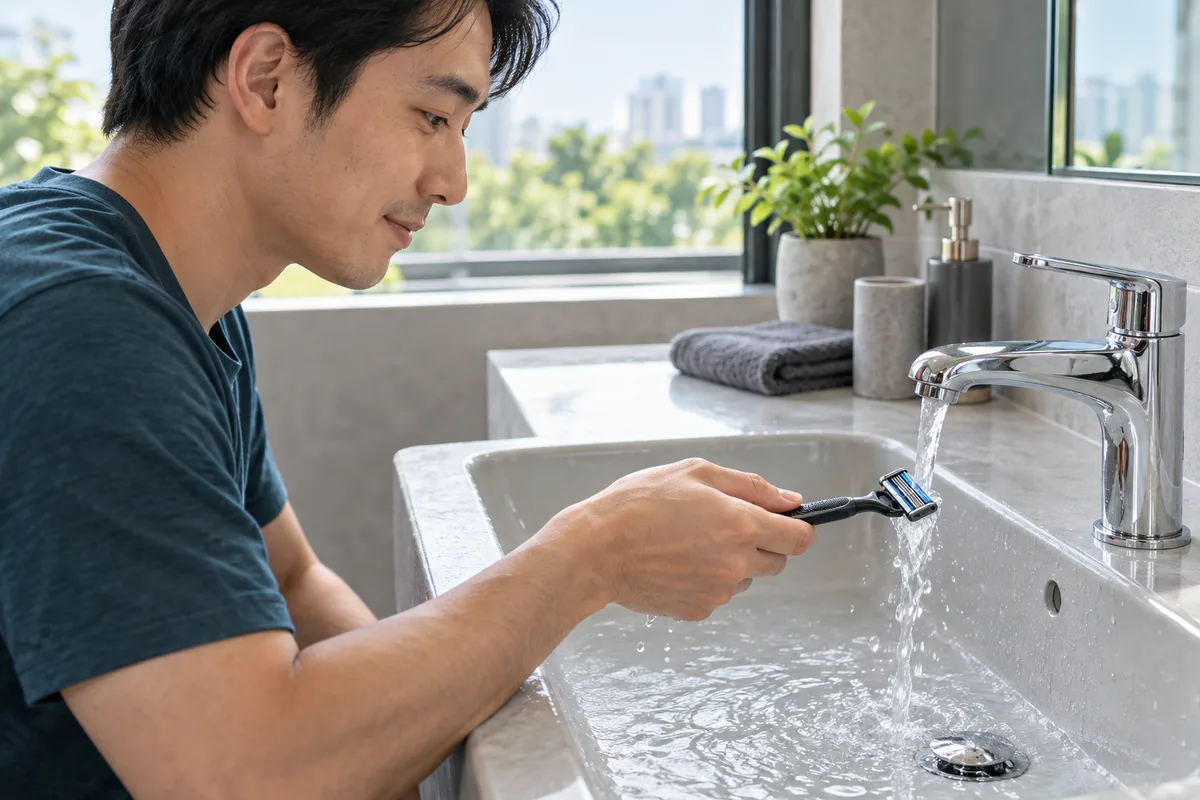 Adult man in a teal shirt holds the handle of an intact razor with its head under a gentle tap stream over a grey basin