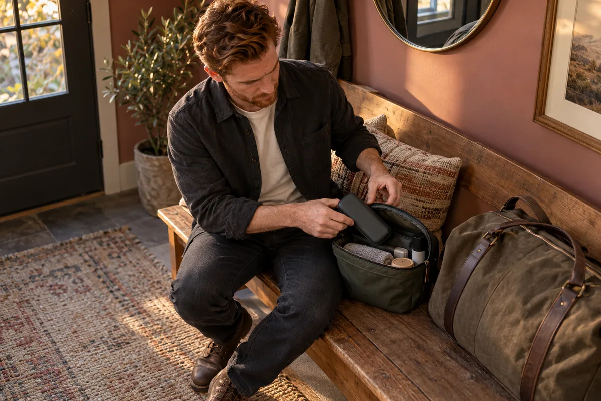 Adult auburn-haired man in a charcoal overshirt places a closed protective case into a toiletry bag beside a weekend bag