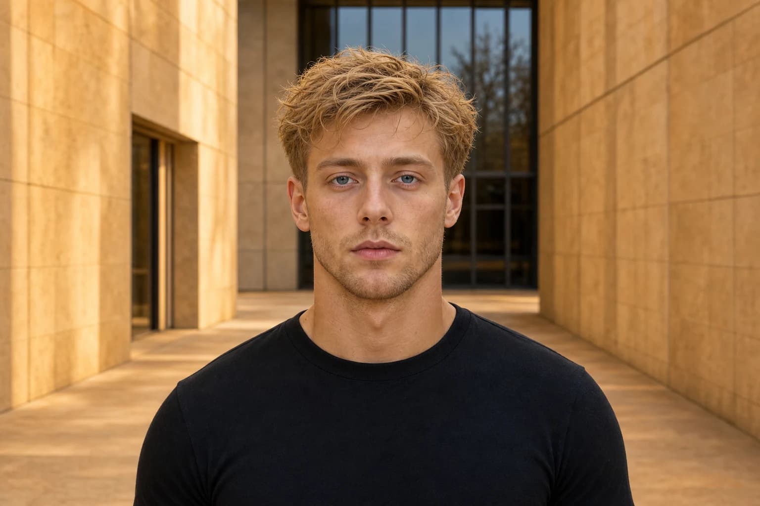 The same blond man with a broad square jaw, hunter eyes, styled hair and athletic frame in warm architecture
