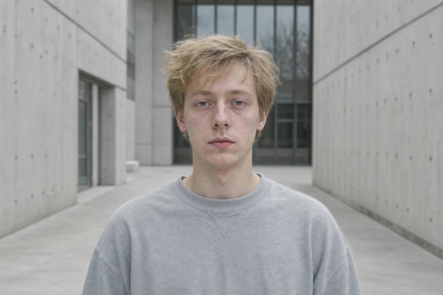 Fair blond blue-eyed man with a weak chin, tired skin and unstyled hair in a cool concrete corridor
