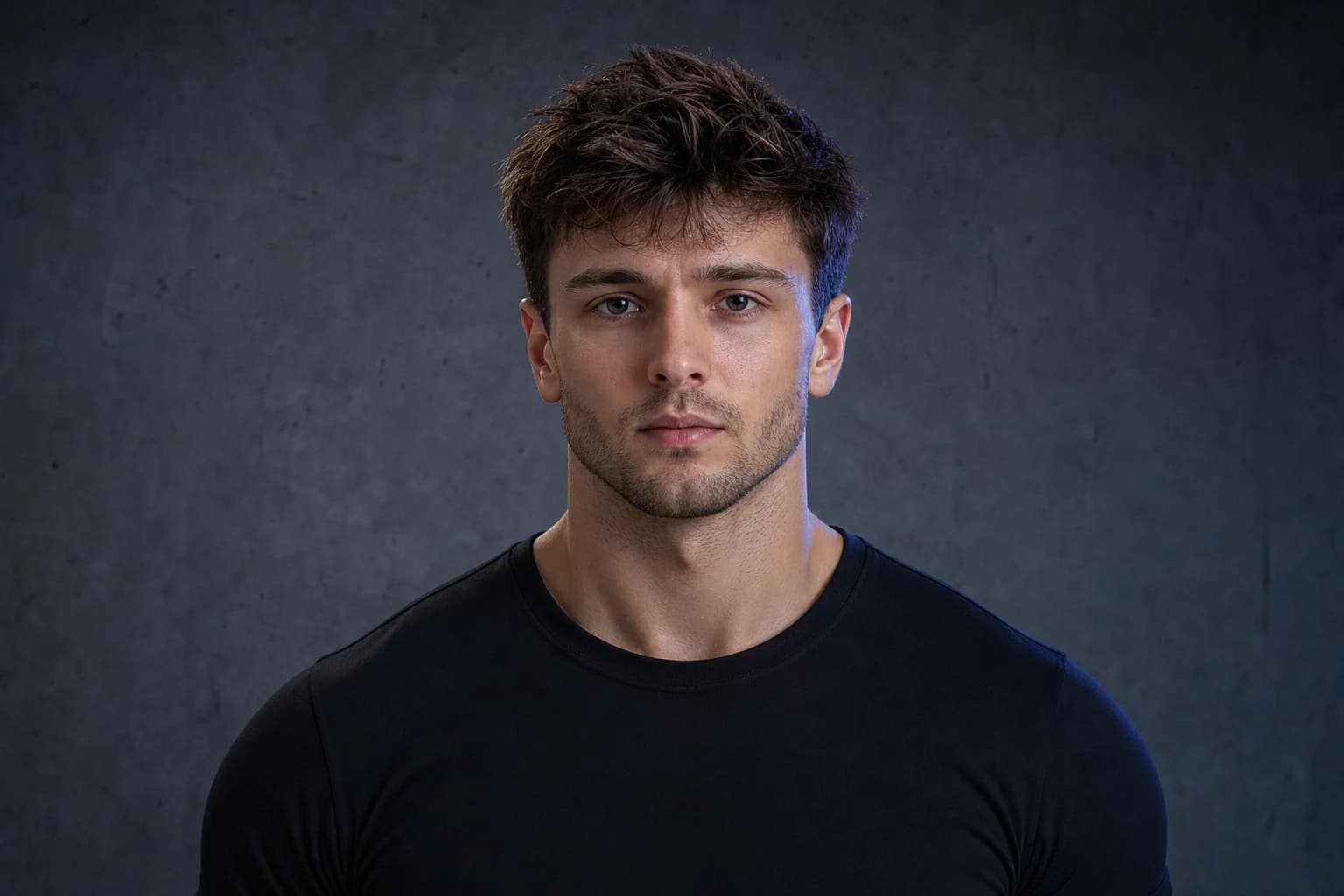 The same white man with a strong square jaw, projected chin, athletic neck, styled hair and a fitted black shirt
