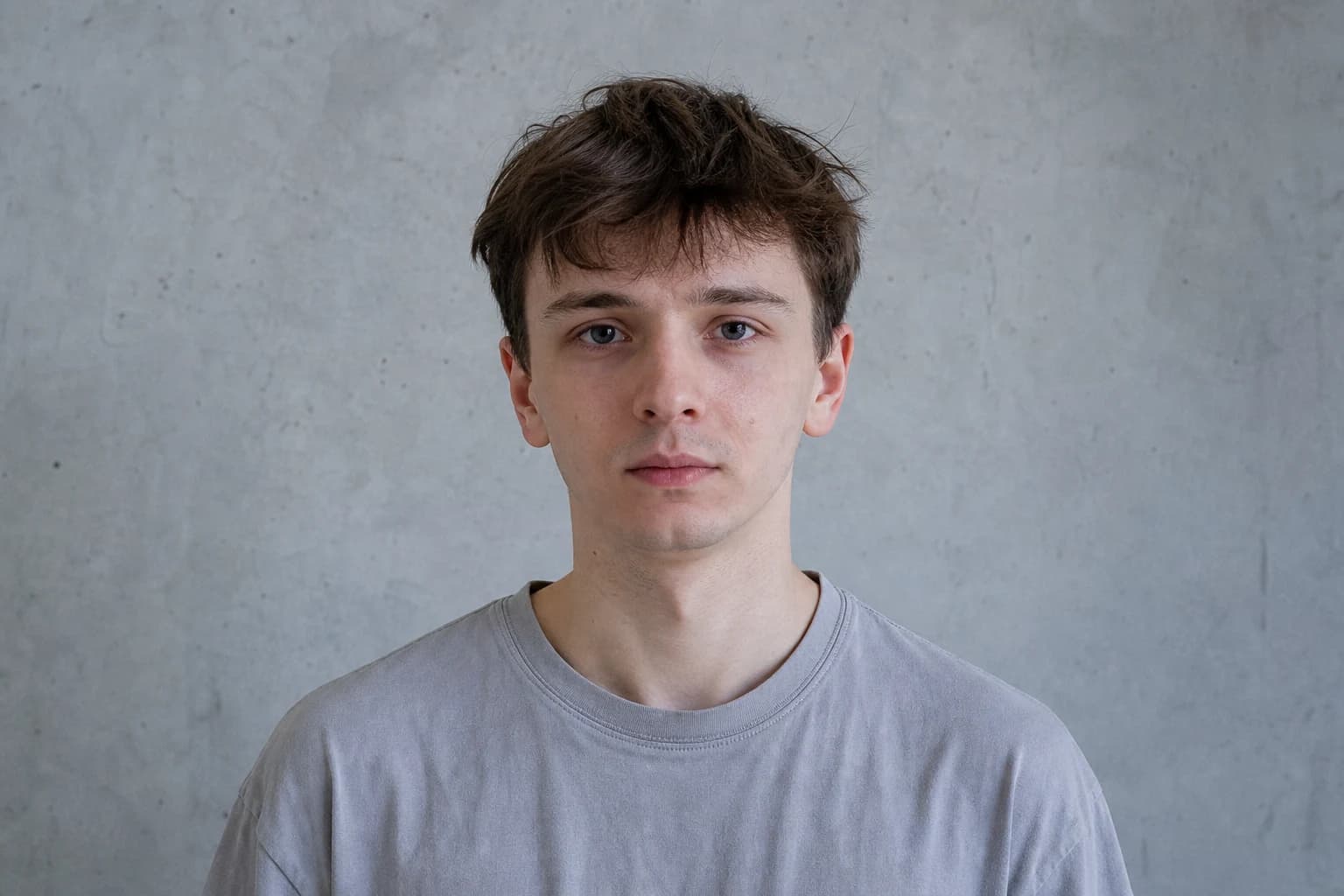 Slim white man with a narrow jawline, recessed chin, unstyled hair and a loose gray shirt