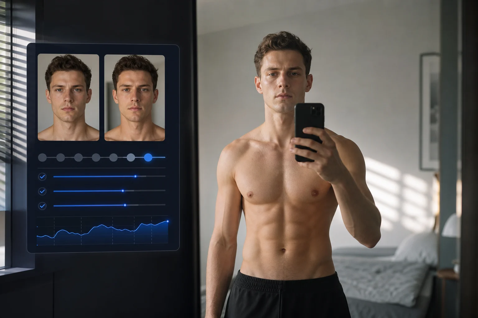 Man taking a consistent progress photo beside a visual tracking dashboard