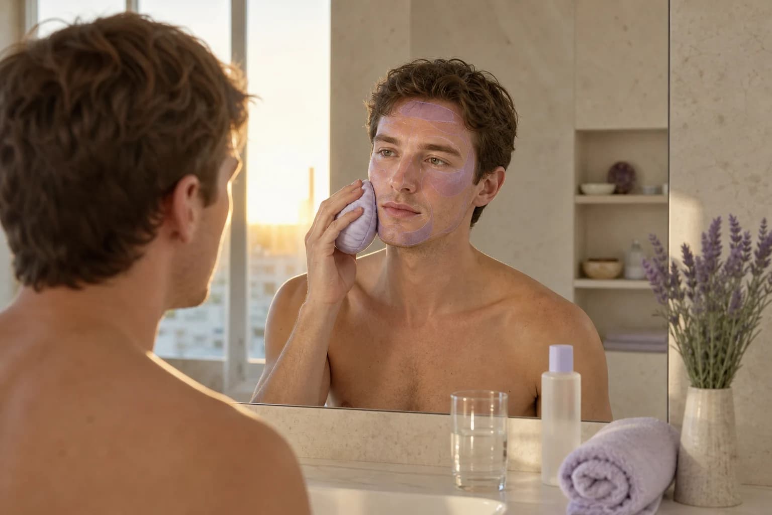 Bright morning depuff routine with water, cool compress and skincare