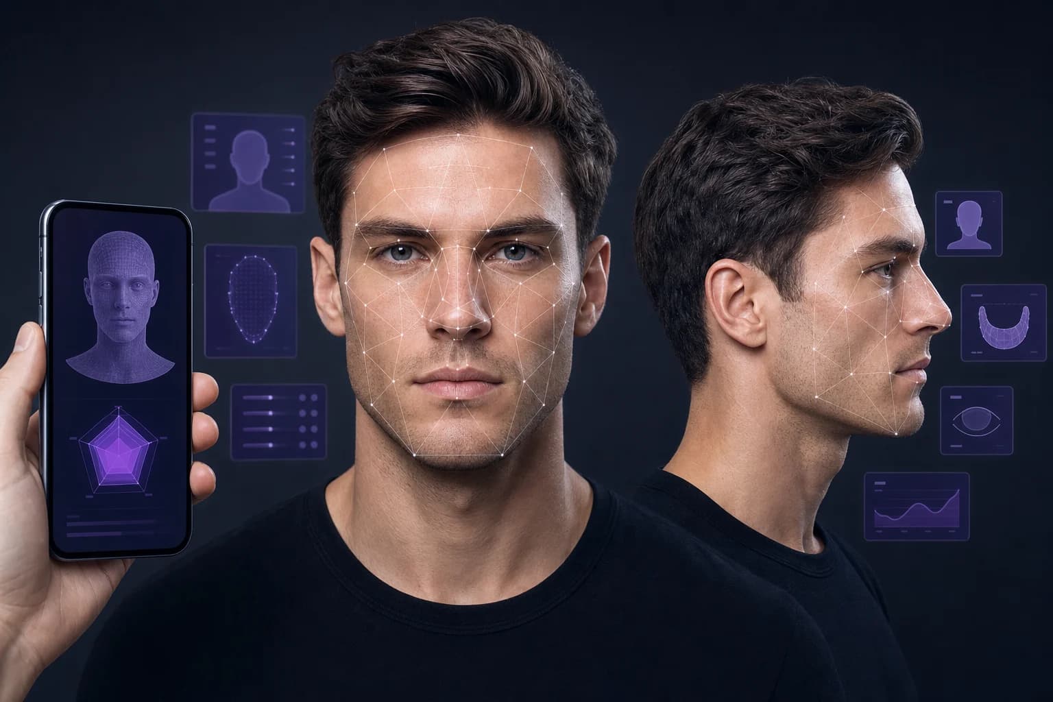 Phone-based AI face analysis shown beside front and profile portraits