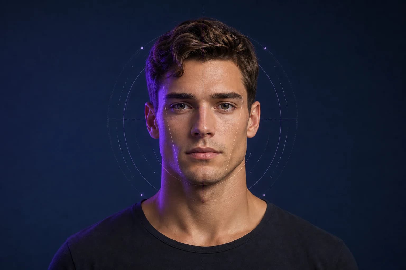 Editorial male portrait with subtle facial proportion guides