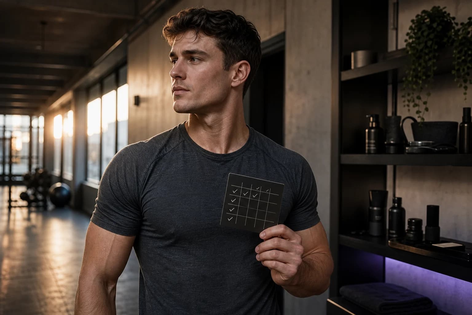 Confident male portrait paired with a structured glow-up planning interface