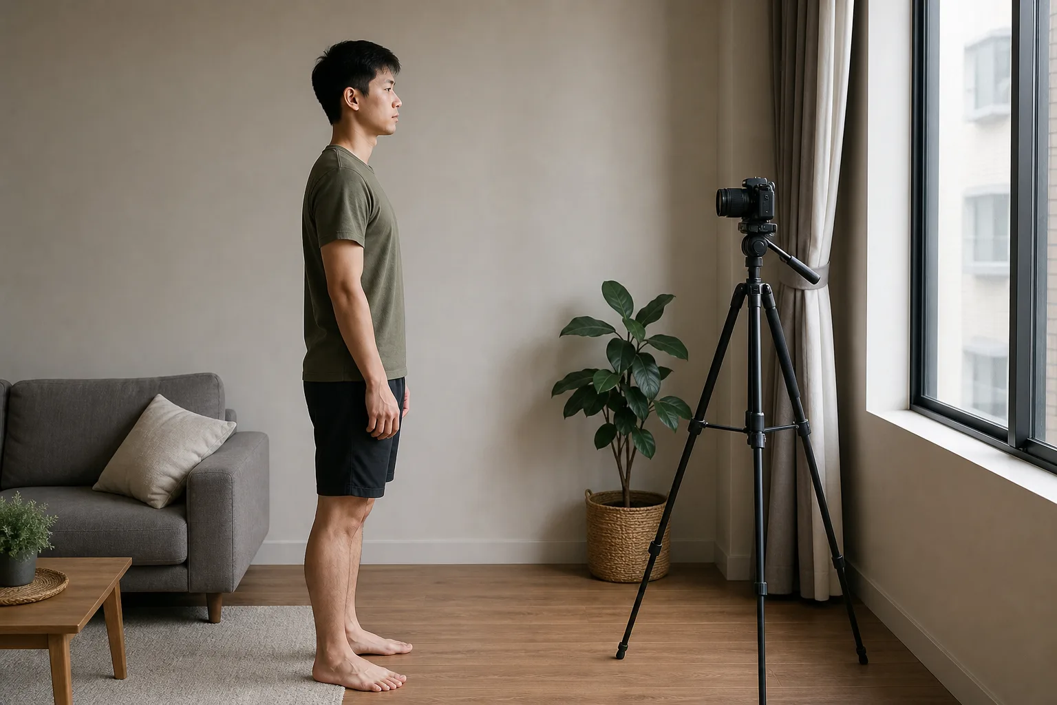 Adult man standing at a fixed distance from a tripod camera beside a softly lit neutral wall
