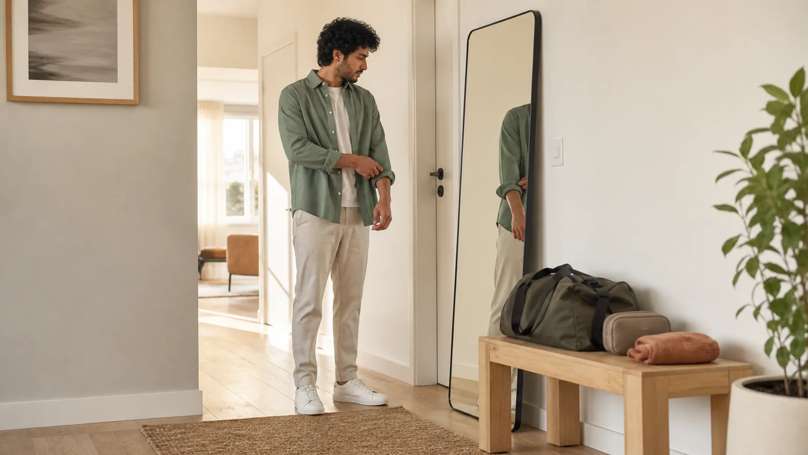 Adult man checking the fit of a sage overshirt in a warm apartment entryway prepared for his morning routine