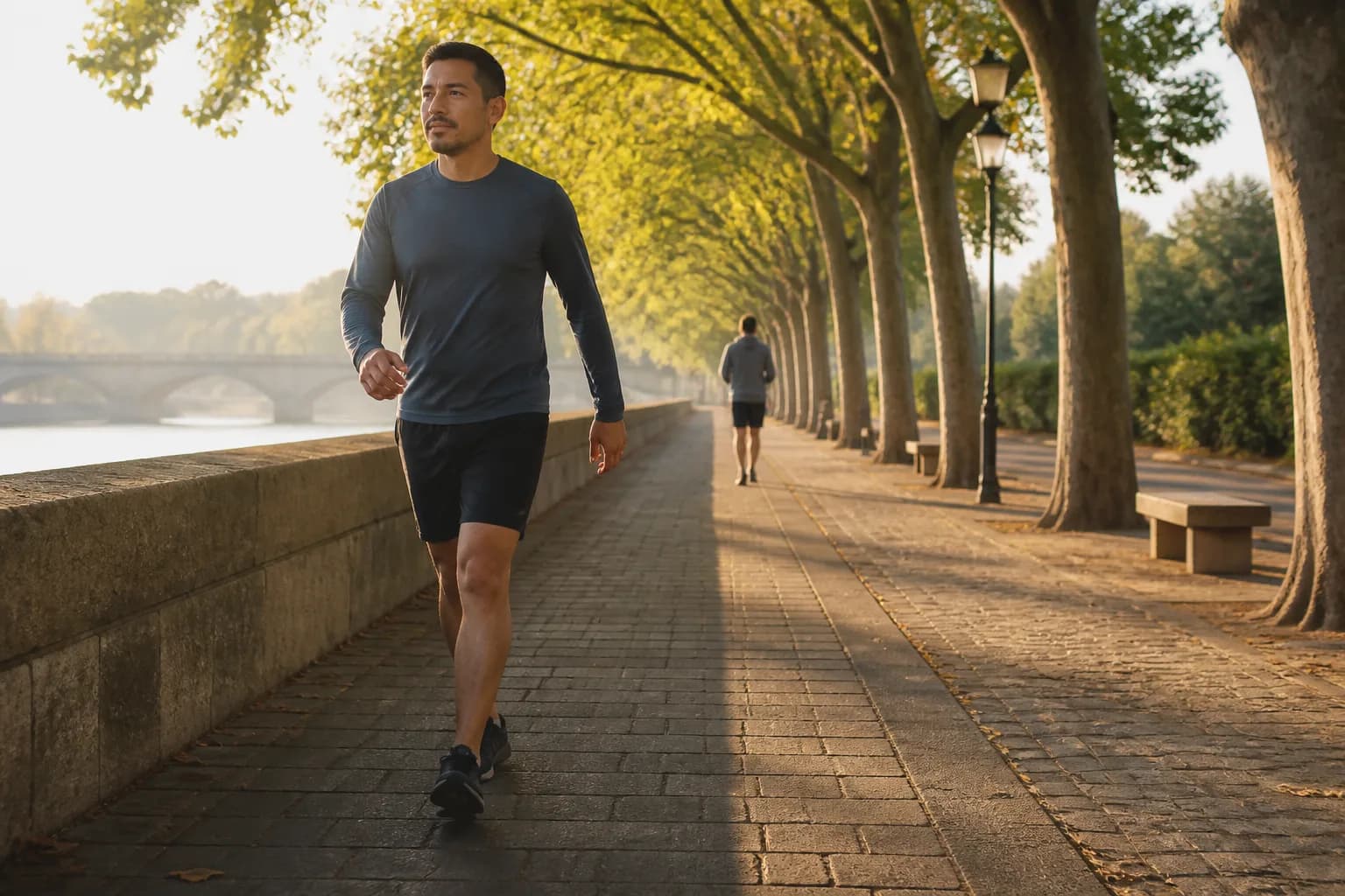Adult man walking briskly with relaxed upright posture on a tree-lined riverside path