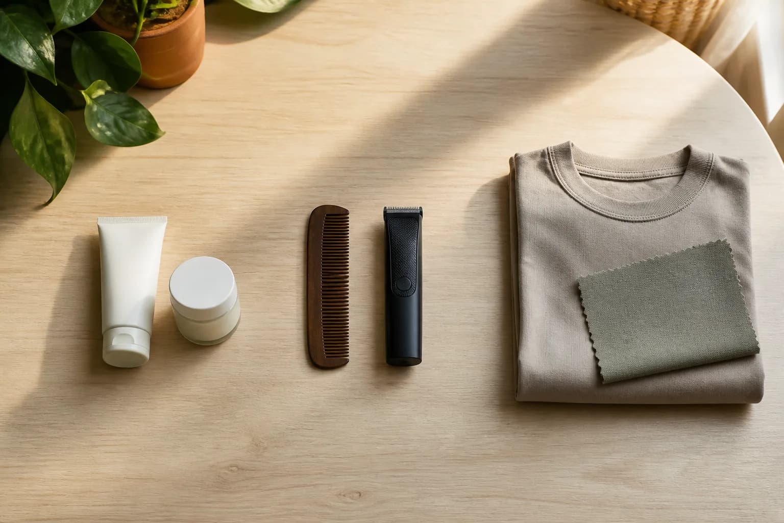 Three separate groups of simple skin care, grooming and clothing items on a pale wood table