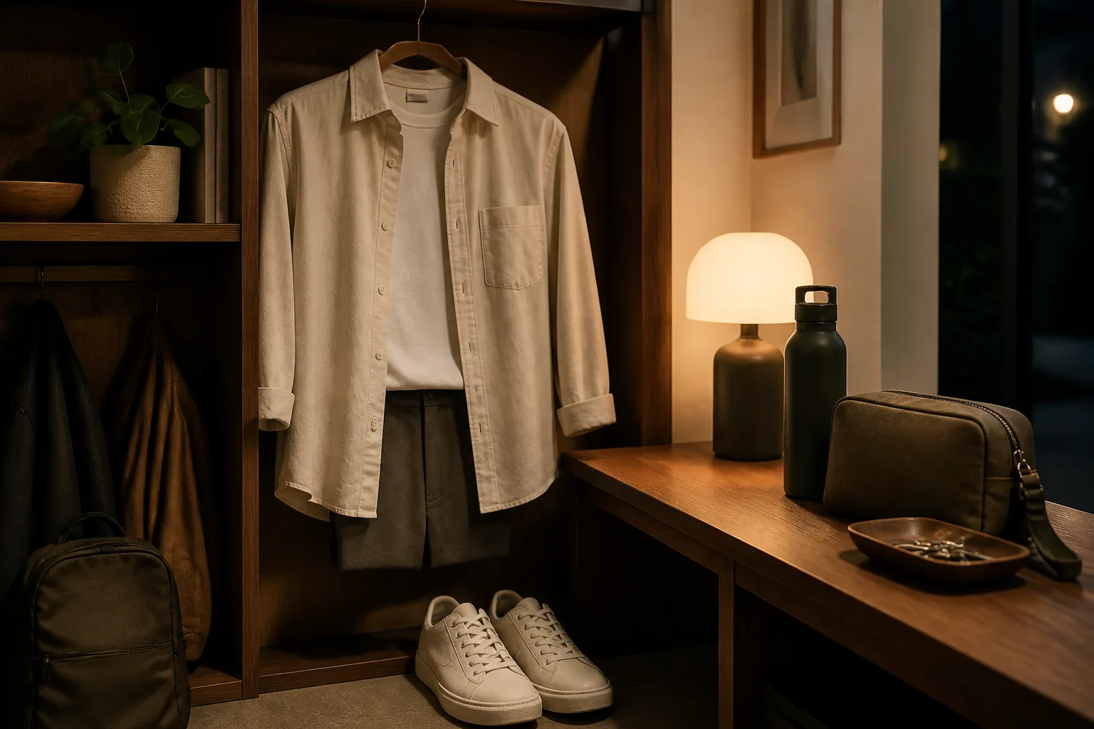 Prepared neutral outfit, clean sneakers, grooming pouch and water bottle arranged in a warm apartment entryway