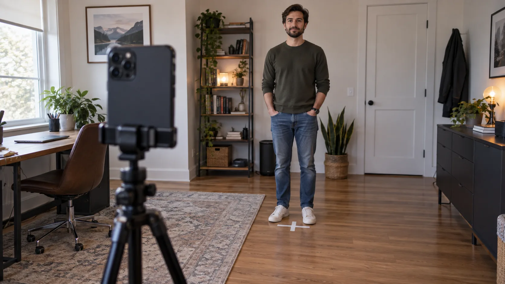 Adult man stands at a comfortable distance from a phone on a tripod in a home office