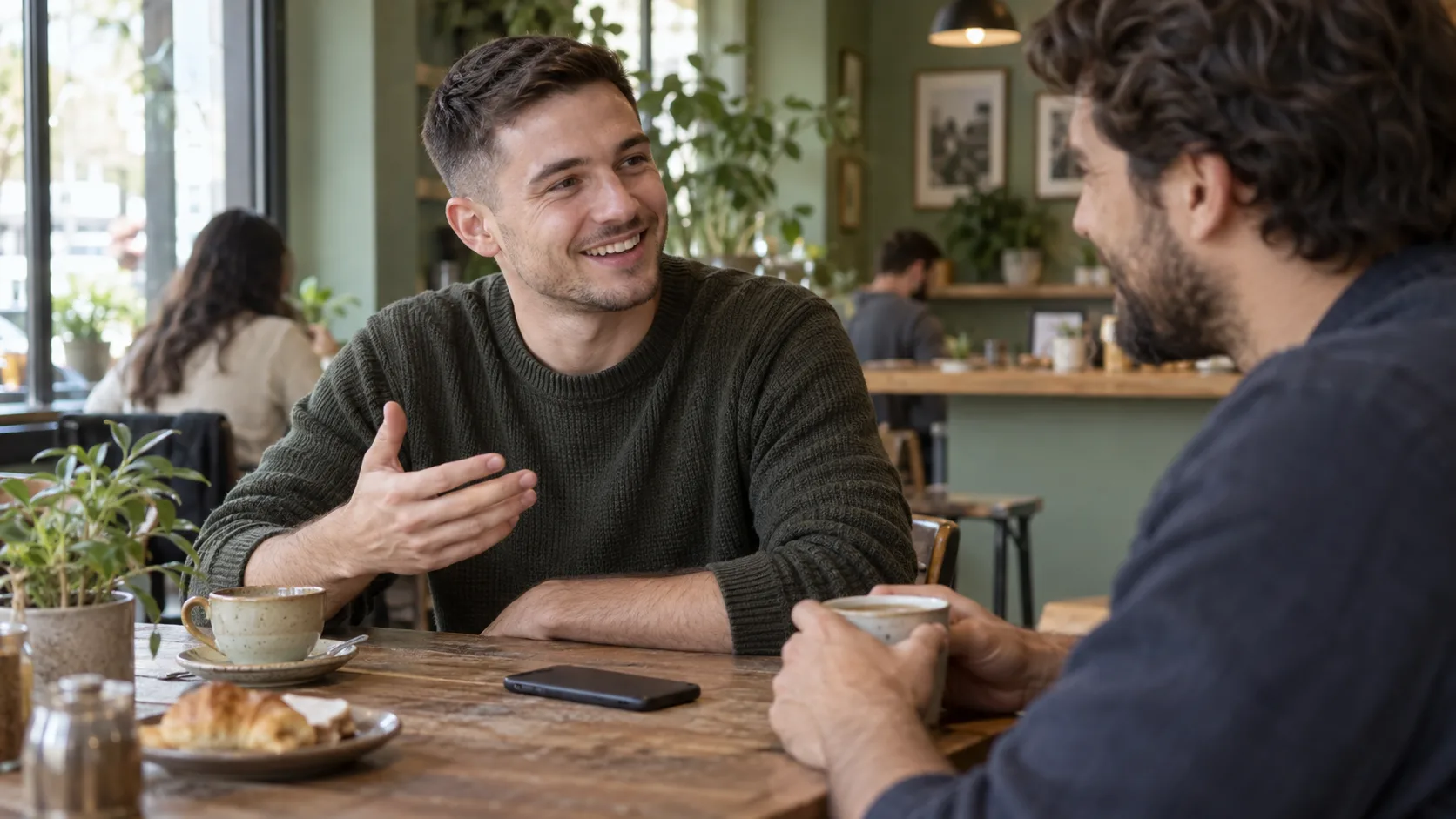 Two adult friends talk over coffee while a phone rests face-down on the table