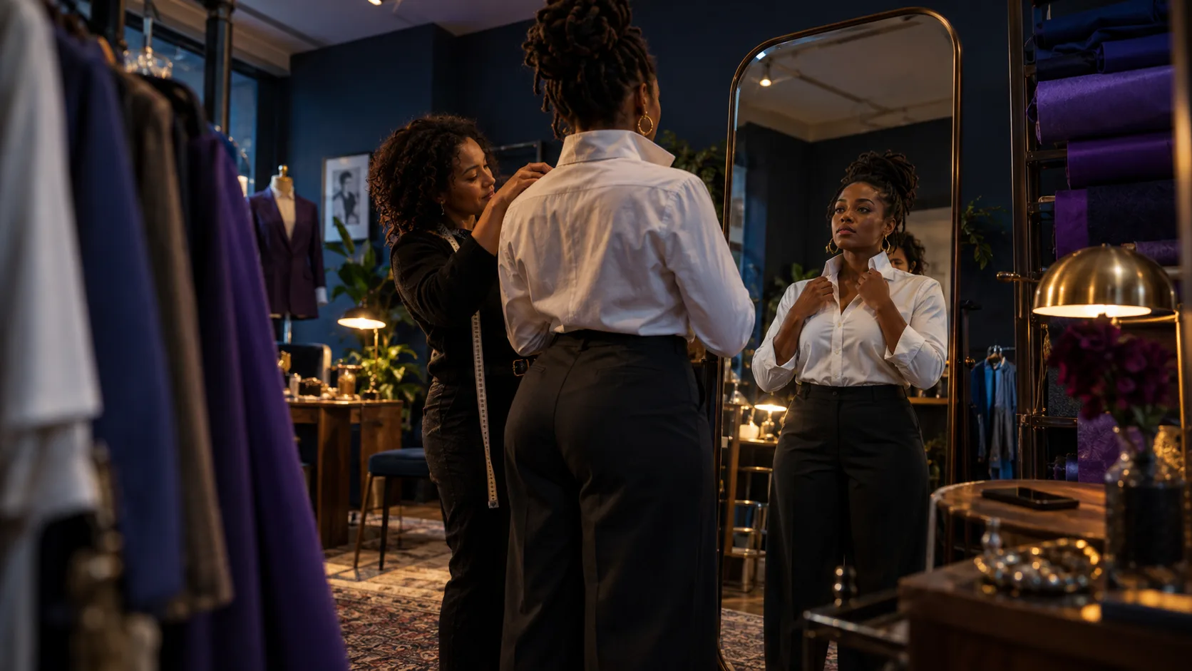 Adult woman tests a shirt collar in a dark-blue tailor's atelier while a friend adjusts the fabric