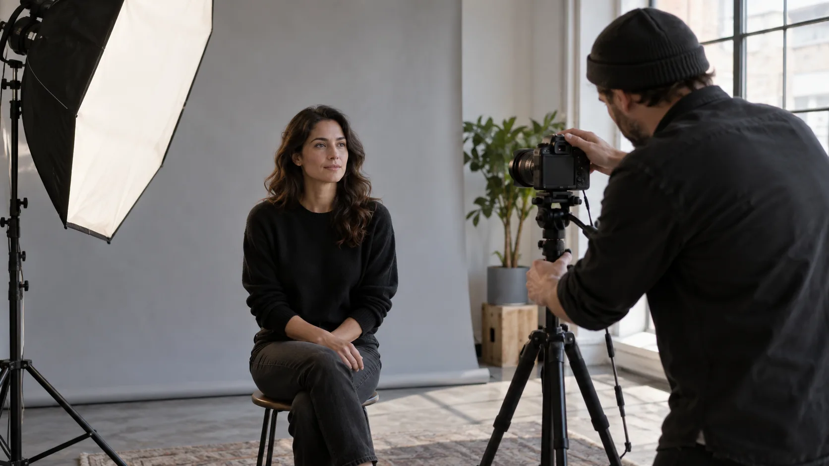 Adult woman sits for a neutral studio portrait while a photographer adjusts soft light and an eye-level camera