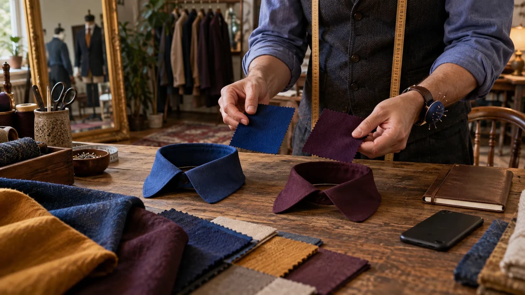 Adult hands compare two unmarked shirt collar and color options in a tailor's workshop