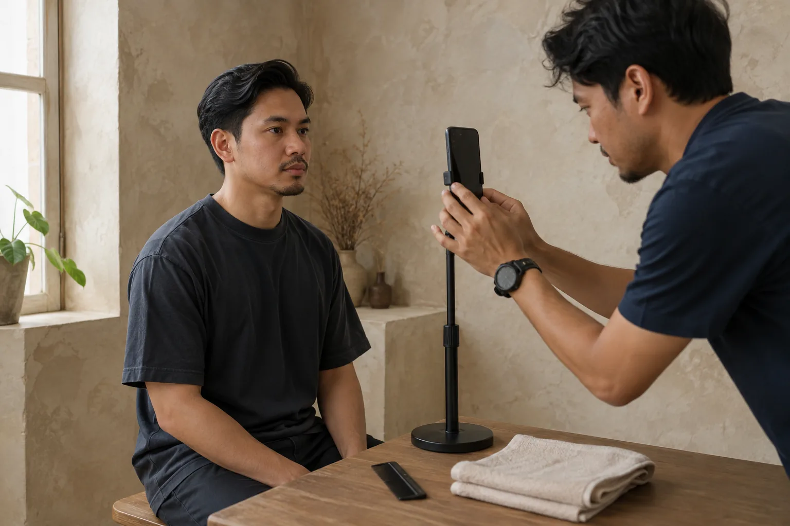 Two adult men creating a neutral eye-level smartphone portrait in a softly lit clay-walled studio