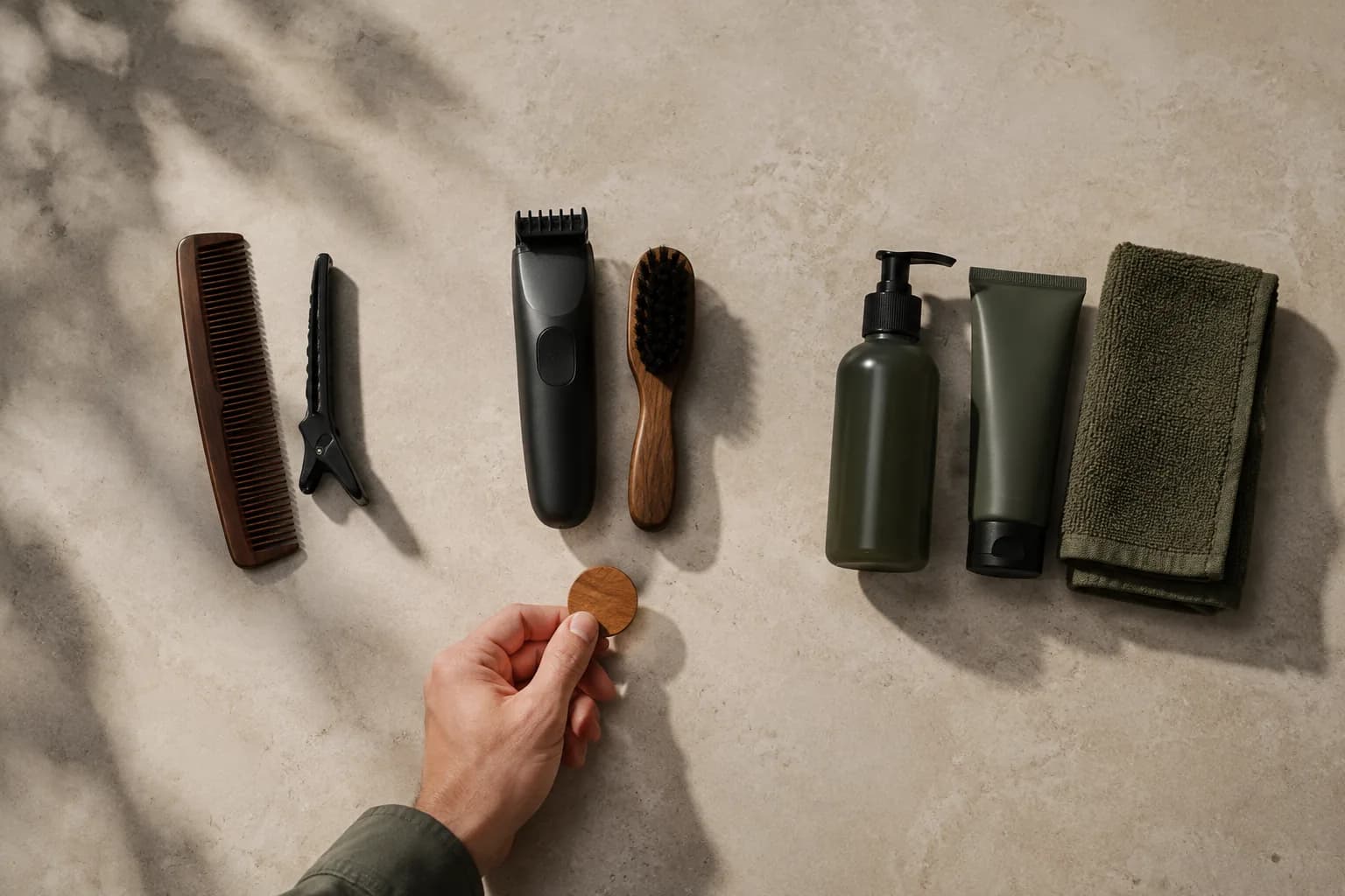 Top-down grooming decision table with separate hair, beard and skin tool groups and one wooden marker