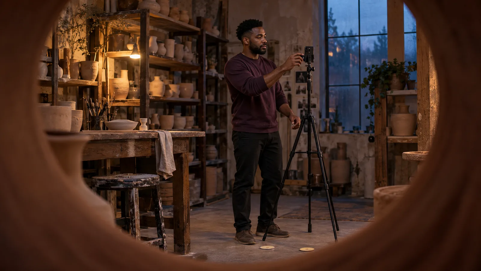 Adult man sets a smartphone tripod for repeat appearance progress photos in a ceramics workshop at dusk