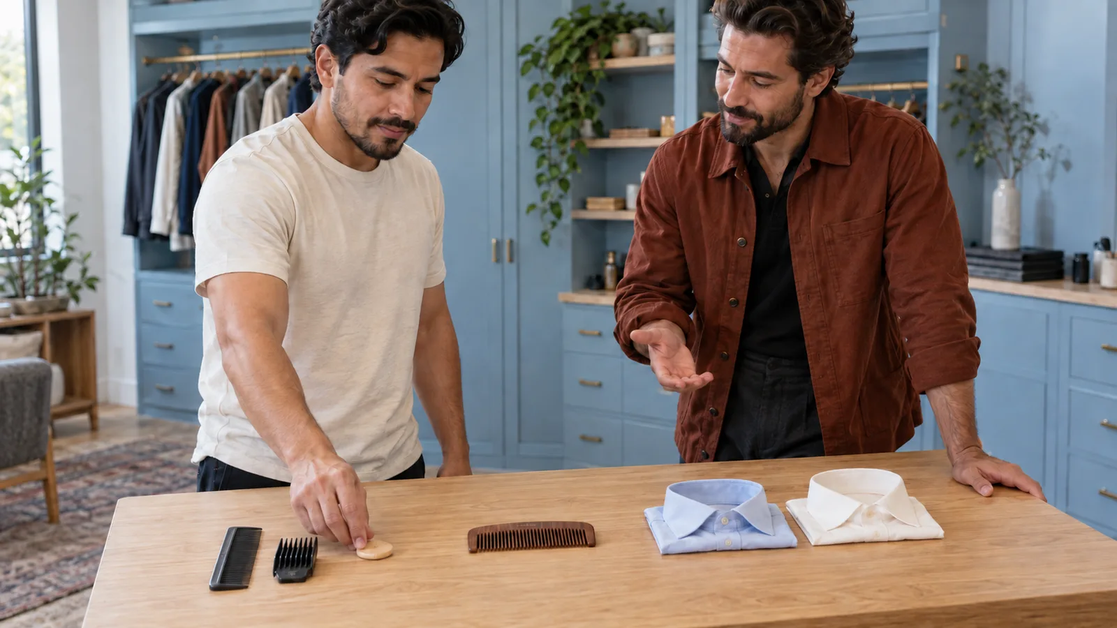 Adult man and stylist place one wooden marker beside haircut tools while beard and shirt options remain unselected