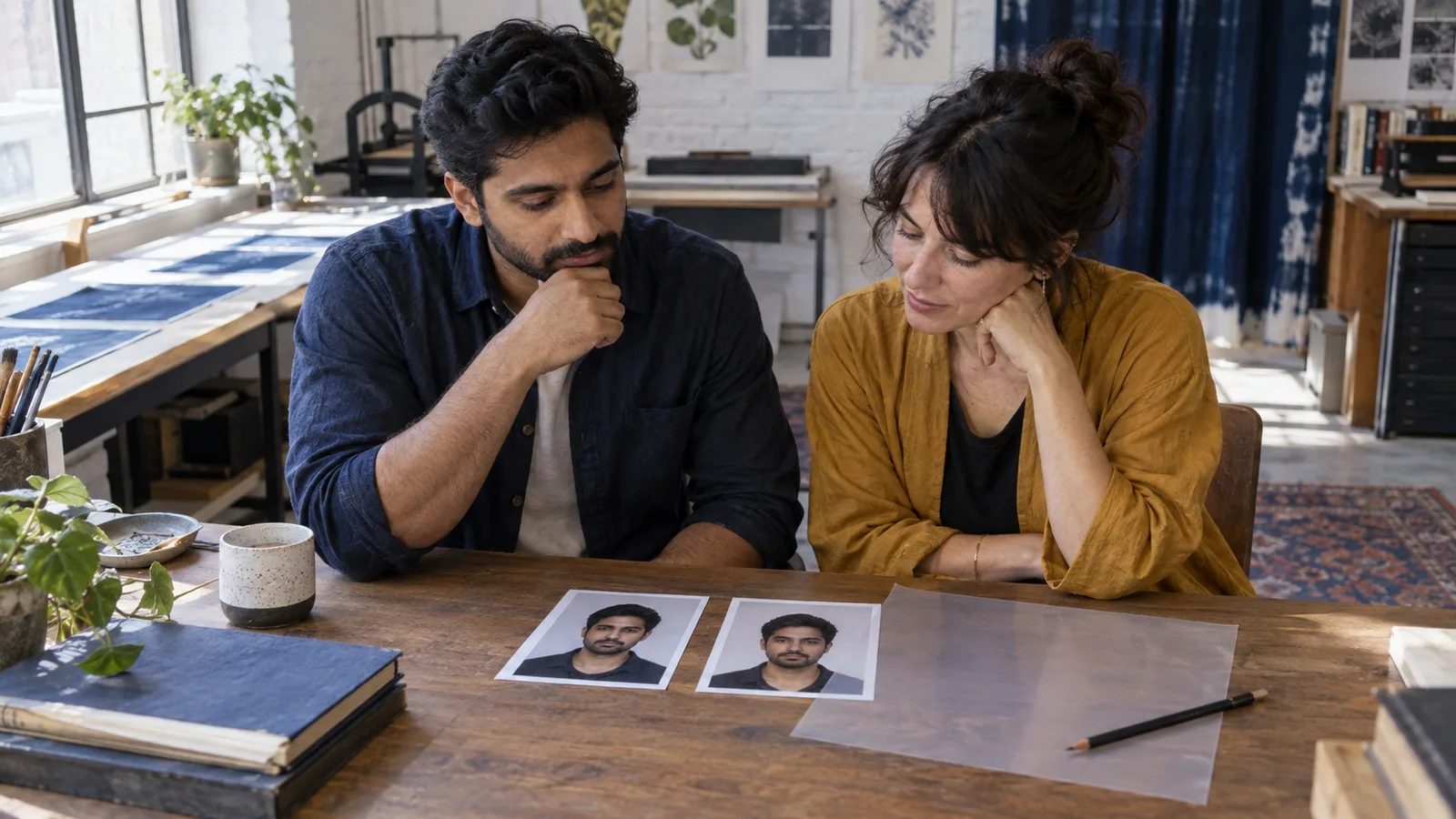 Adult man and creative coach calmly compare two equally framed neutral portrait prints on a light table