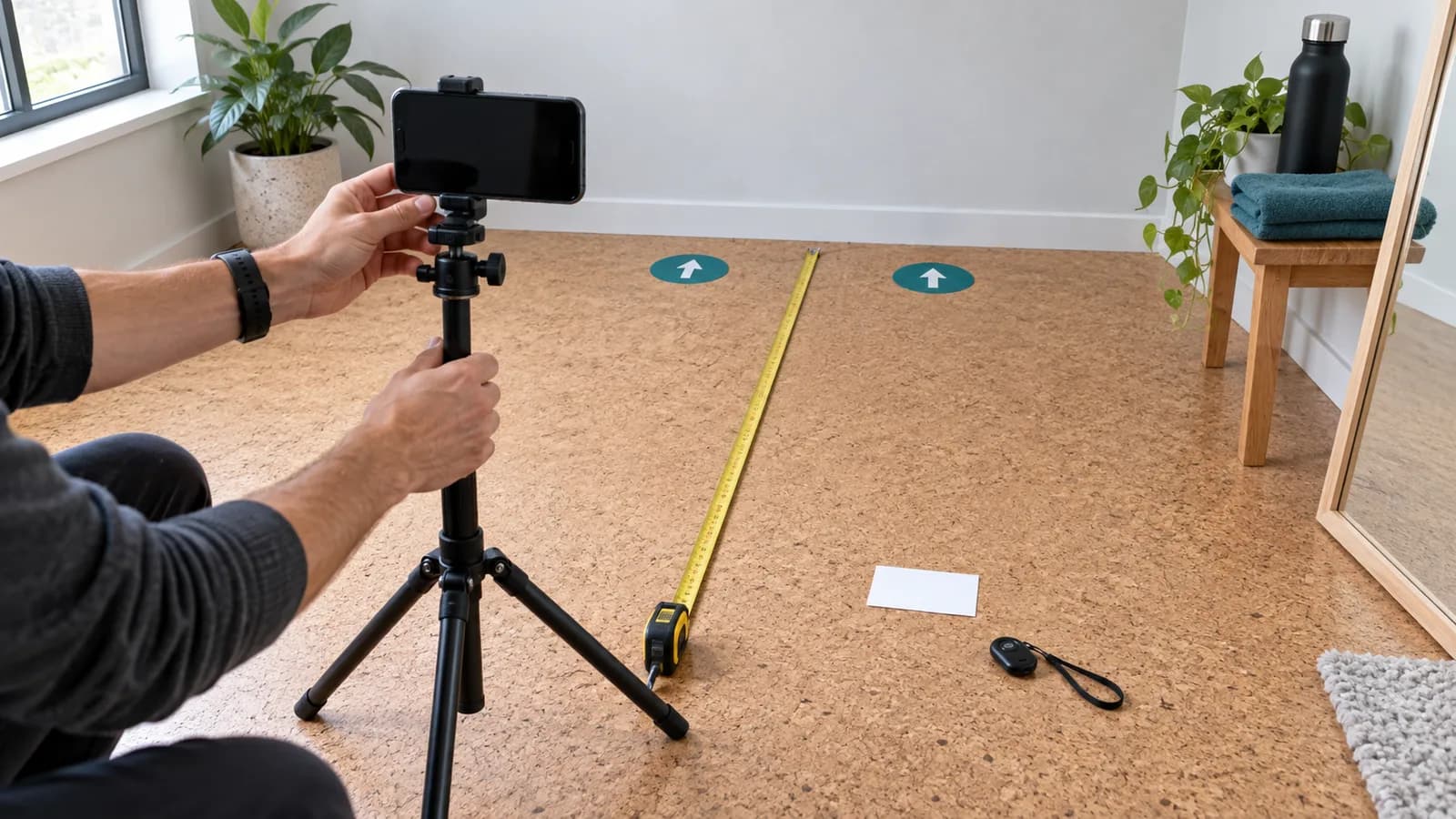 Adult hands align an eye-level smartphone tripod with floor markers and a measuring tape in a bright home photo corner