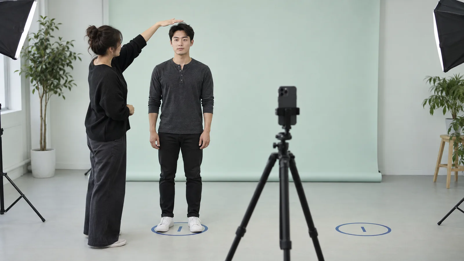 Adult man holds a relaxed front pose while a photographer checks head level beside a rear-facing smartphone tripod