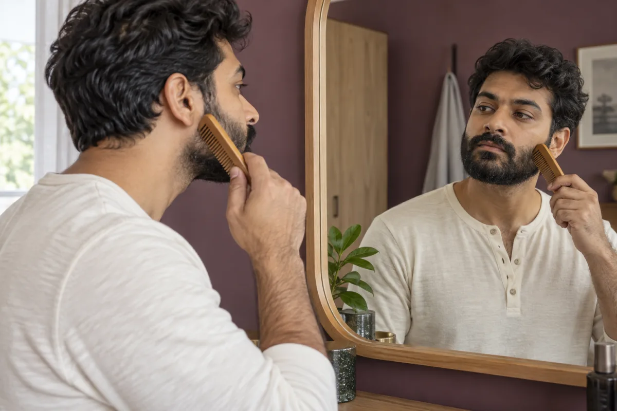 Adult man in a cream shirt gently guides a wooden comb through his cheek beard while looking in a real mirror