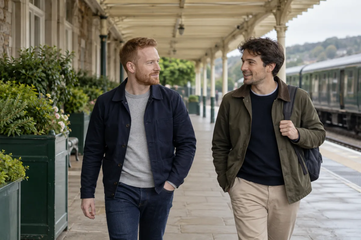 Two adult friends including a ginger-bearded man in a navy jacket walk and talk beneath a station canopy