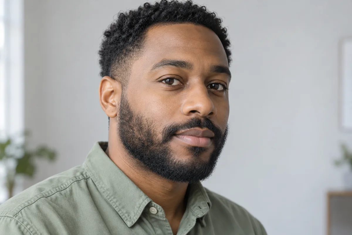 Adult man in a sage shirt with a natural beard and scattered hairs above the softer upper cheek boundary