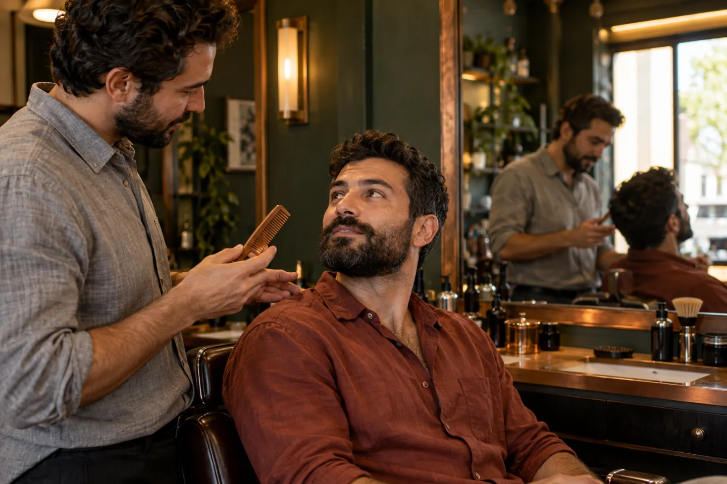 Adult bearded man in a rust shirt discusses his cheek boundary with a barber holding a wooden comb in an olive and copper shop