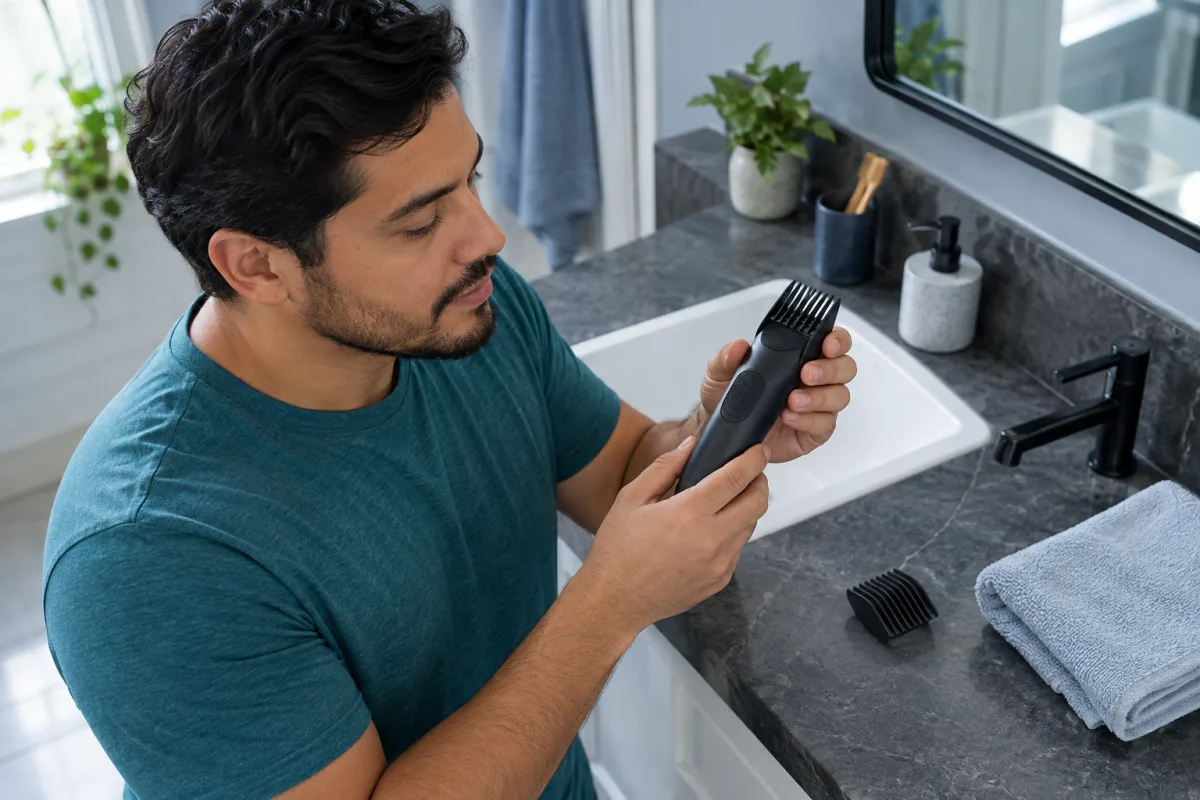 Adult man in a teal shirt examines a switched-off trimmer with a long guard beside another guard and a folded towel