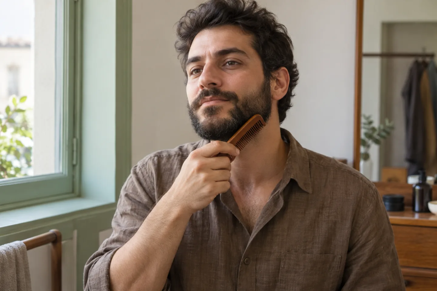 Adult man with a naturally full short beard and brown linen shirt gently combs his facial hair
