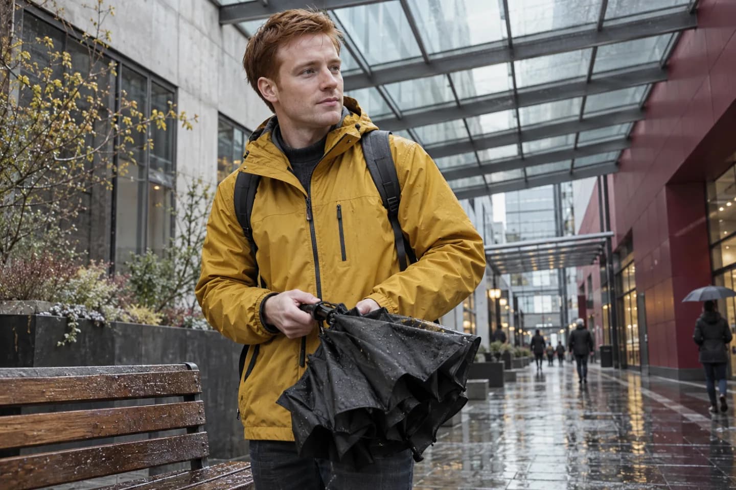 Clean-shaven adult man with red hair and a yellow rain jacket folds an umbrella beneath an urban glass canopy