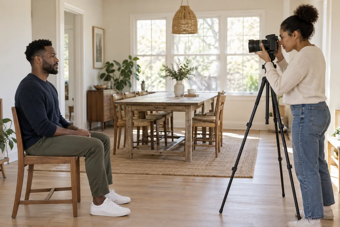 Adult man with a short beard sits several steps from a photographer using an eye-level tripod camera
