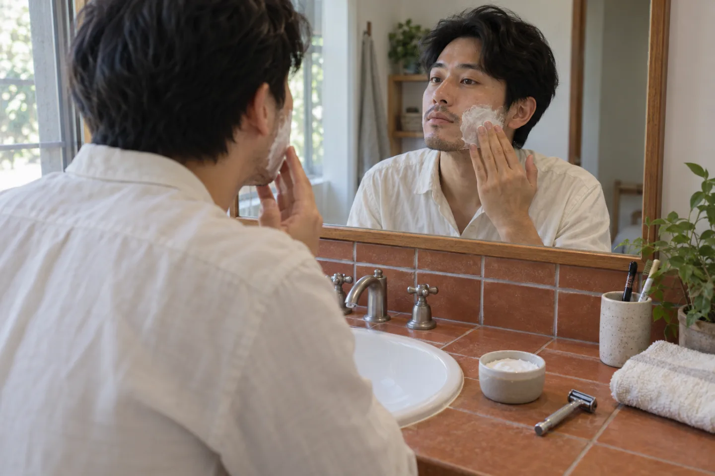 Homme adulte appliquant de la crème à raser sur une joue devant un vrai miroir, avec rasoir et serviette sur un bord sec