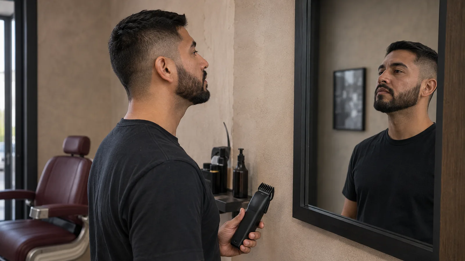 Adult man views a tidy beard neckline from the side in a barbershop mirror while holding a switched-off guarded trimmer