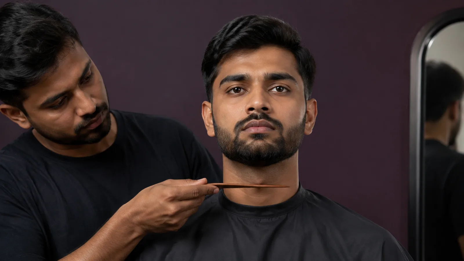 Adult man with a short boxed beard keeps his head level while a barber holds a wooden comb below the proposed neckline