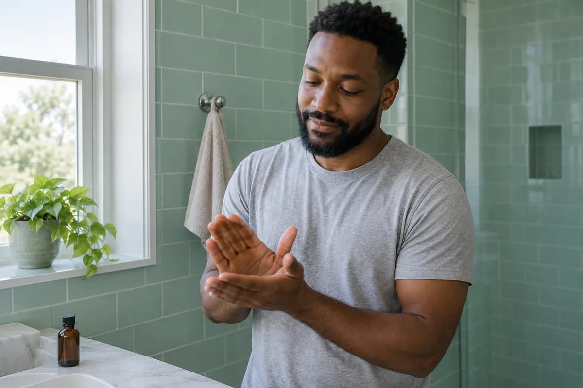 Hombre adulto con barba media distribuye una pequeña cantidad de producto entre las palmas en un baño de azulejos menta