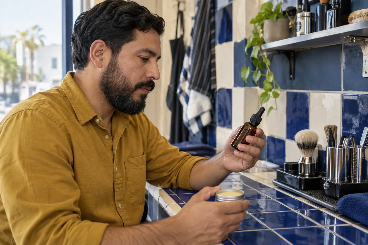 Hombre adulto con barba y camisa mostaza contempla un frasco sin marca y una lata de bálsamo junto a azulejos cobalto