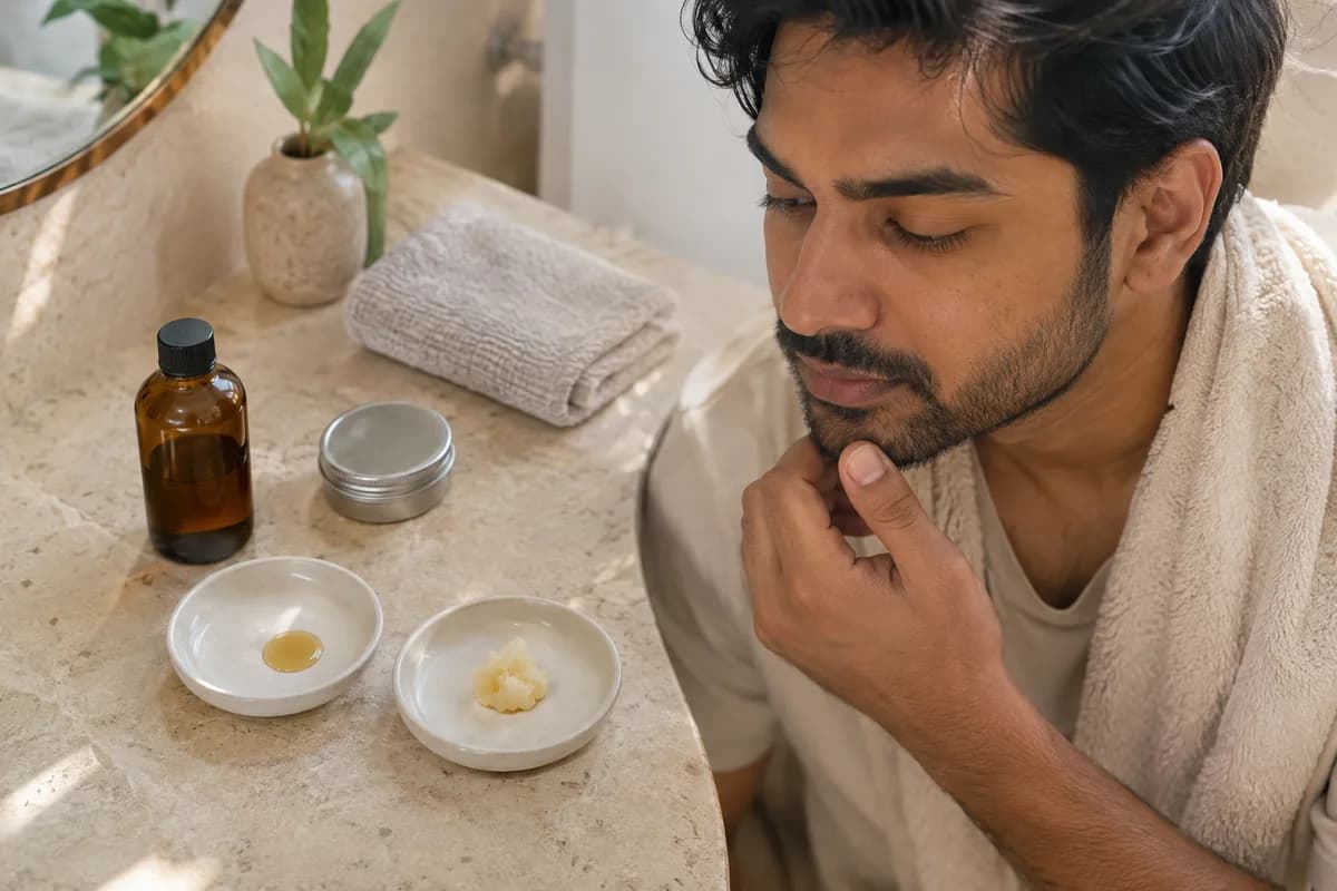 Hombre adulto con barba observa dos platos lisos con una gota de líquido y una pequeña porción clara de bálsamo