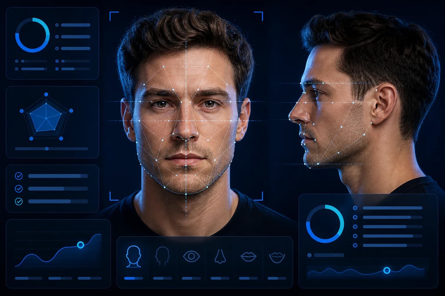 Free LooksMax AI app comparison with matching front and profile face scans, facial landmarks and personal analysis cards
